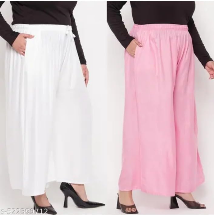 Image of Women's Jumbo Combo Palazzo | Extra Wide Leg Flared Ethnic Trousers | Pack of High Waist Relaxed Fit Palazzos for Women | Stylish Plain Solid Color Bottom Wear for Kurti & Tops | Jumbo Value Pack