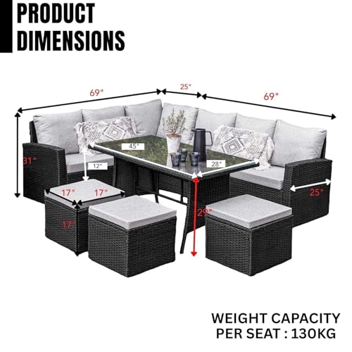 Image of DEVOKO 6 Pcs Outdoor Conversation Set Patio Furniture Set All Weather Wicker Sectional Couch 7 Seater Sofa Dining Table Garden, Poolside, Balcony, Backyard (Black And Grey Color)