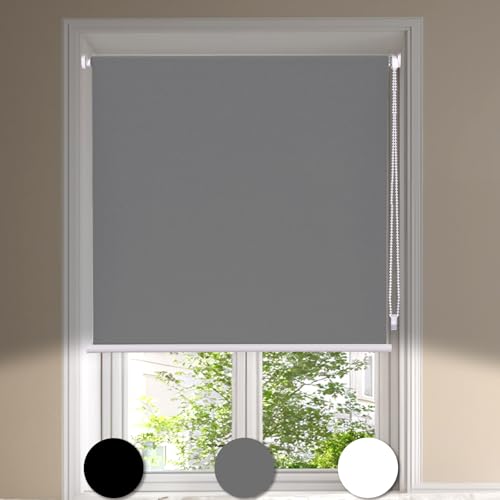 Maritown Blackout Roller Blinds Stick on Thermal Curtains No Drill Blinds for Windows Kitchen, Bathroom, Bedroom UV Protection 3 Ways to Easy Fit- Self Adhesive, Hang or Drill (Grey, 45W x 130H cm)