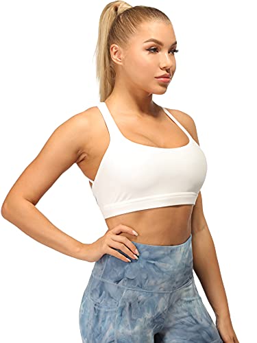 Icyzone Sports Bras For Women - Activewear Strappy Padded Workout Yoga Tops Bra (M, Off White) #TOP3