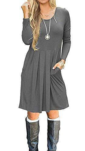 AUSELILY Women's Long Sleeve Fall Dress Casual Pleated Loose Swing Dress with Pockets 2025 New Gray XL