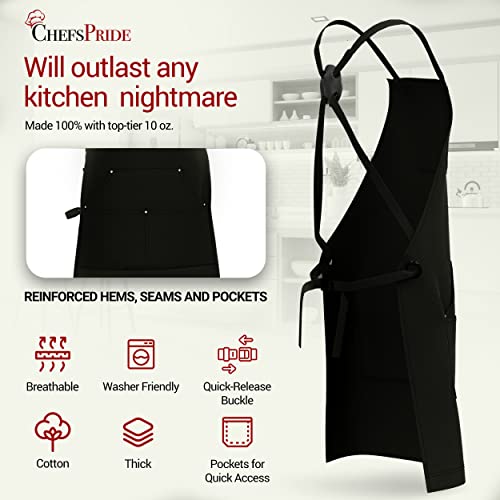 Chefspride Professional Chef Apron For Men & Women - 100% Cotton Adjustable Kitchen Chef Apron With Cross Back & Tool Pockets, Black With Black Straps #TOP4