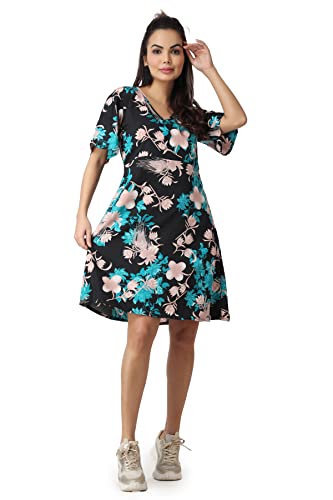 Image of POPWINGS Casual Printed V-Neck Short Sleeves Knee-Length Fit and Flare Dress for Women || Frokc-Style Summer Wear Dresses for Women || Loose-Fit Comfortable Women Dress for Regular Wear