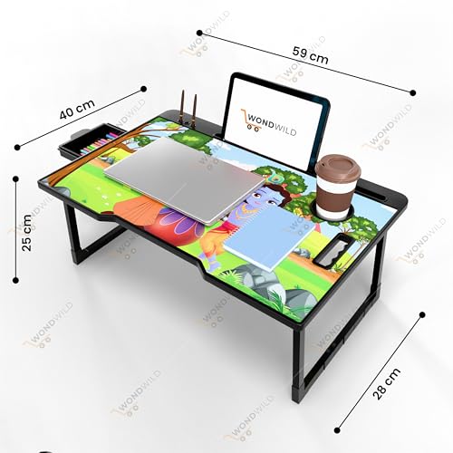 Image of WONDWILD Smart Multipurpose Foldable Laptop Table with Cup Holder, Study Table, Bed Table, Breakfast Table, Foldable and Portable /Ergonomic & Rounded Edges /Non-Slip Legs (ABS BK)