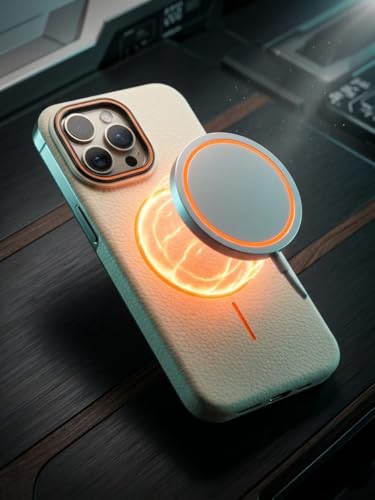 Image of amazon basics Luxury MagSafe Compatible Leather Texture Back Cover for iPhone 16 Pro | Raised Camera Protection | Slim Fit Shockproof Case with Metallic Accents (White)