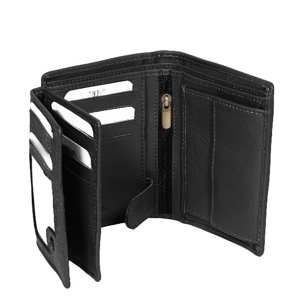 Leather Trifold Wallet for Men Black With 18 Credit Cards Extra Capacity Attached Flip Pockets RFID Blocking With Tough Stitching & 2 ID Window (3.5x5.12x0.79 Inch)