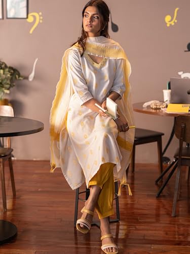Image of Libas Woven Design Cotton Blend Straight Kurta With Salwar and Dupatta