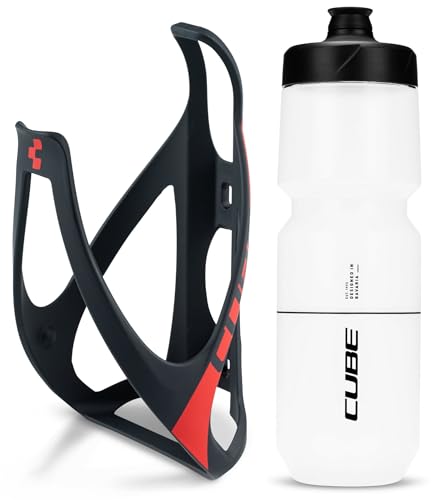 Cube HPP Cage - Matt Black/Red & Flow Bottle - Clear, 750ml / Water Drink Flask Vessel Bidon Holder Mount Bracket Kit Lightweight Plastic Drinking Hydration Biking Bike Riding Frame Accessories