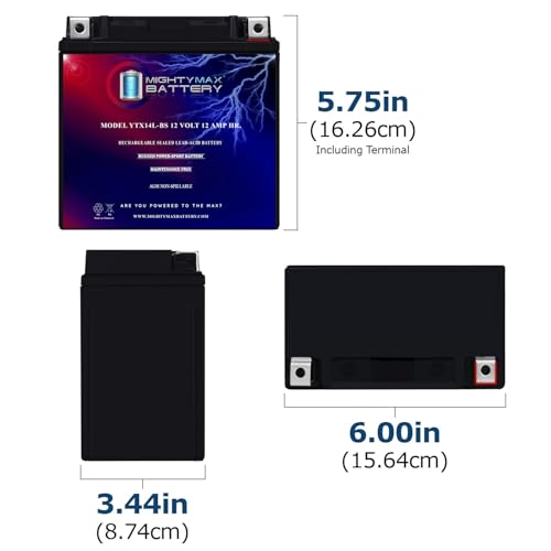 Image of Mighty Max Battery YTX14L-BS -12 Volt 12 AH, 200 CCA, Rechargeable Maintenance Free SLA AGM Motorcycle Battery