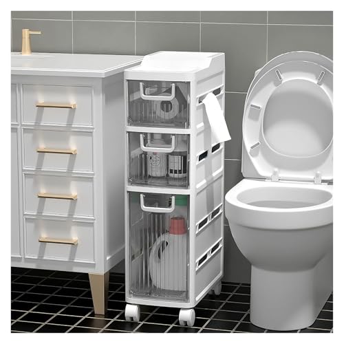 Carro delgado con contenedores de almacenamiento transparentes, apilable de 3 niveles para baño, cocina, dormitorio, sala de estar, oficina y armario, solución para ahorrar espacio