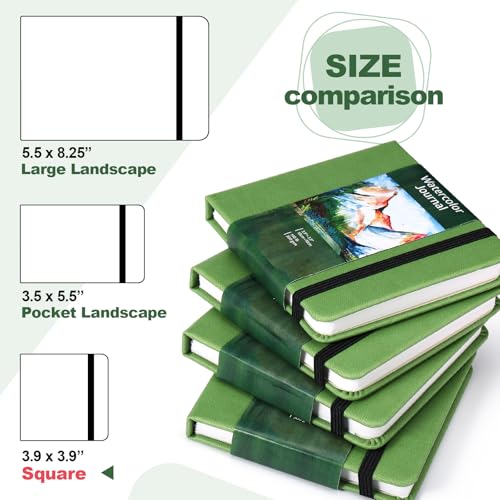 Image of Dispowreath 4 Set Watercolor Sketchbook Journal with Watercolor Brush Pens 300 GSM Cotton Paper Portable Square Small Pocket Notebook Travel for Painters Art Supplies (Green,3.9 x 3.9 Inch)