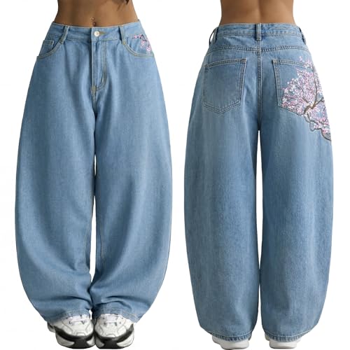 Image of EMMIOL Women Hip Hop 90s Vintage Baggy Jeans Denim Pants Mid Waist Jeans