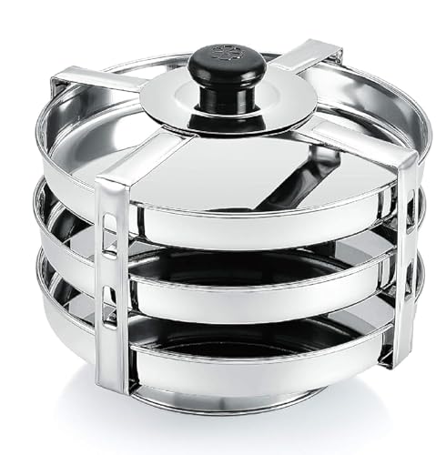 BLLUEX Stainless Steel Dhokla & Thatte Idli Maker Set � 3 Large Plates (16cm), 4-Wire Stand, Fits All Cookers, Perfect for Khaman Dhokla, Idli, Thattu, & Steamed Food Preparation