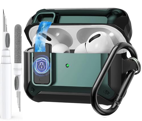 Image of Olytop for Airpods Pro 3 Case with Magnetic Automatic Lock, Rugged Apple Airpods Pro 3rd Generation Cover 2025, Armor Shockproof iPod Pro3 Gen Protective Shell with Carabiner&Cleaner kit,Black /Green
