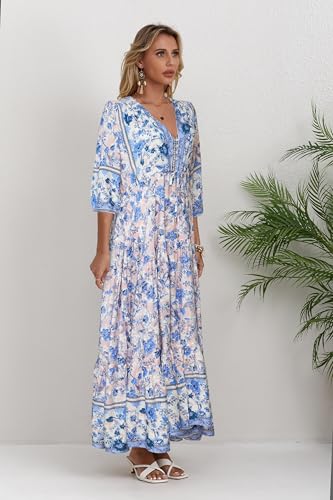 Image of Women Short Sleeve V Neck Floral Print Casual Bohemian Maxi Dresses