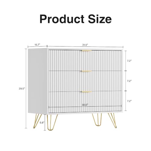 Image of Furniway White Dresser for Bedroom, 3 Drawer Dresser with Gold Pulls, Fluted Modern Chest of Drawers Storage Cabinet, 31.5 inch W x 15.7 inch D x 29.5 inch H