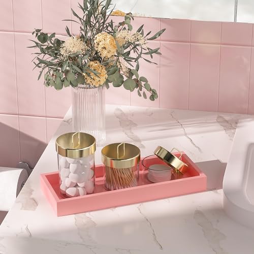 Image of ZHWS Bathroom Vanity Tray for Perfume Decor Toilet Tank Candle Toiletries, Kitchen Tray for Soap Dispenser Spice Salt Coffee, Bamboo Nightstand Tray 11.3 inchx4.4 inch (Pink)