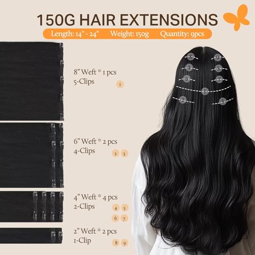 Image of DOORES Clip in Hair Extensions Real Human Hair, Jet Black 150g 9pcs 16 Inch, Remy Hair Extensions Clip in Human Hair Hair Extensions Real Human Hair Straight Thick Extensions Human Hair Natural