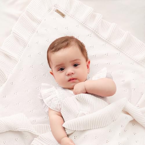 Image of Ruffle Cotton Pointelle Knitted Baby Blanket, 40 x 31 Inches Soft Cozy Newborn Swaddle Blanket for Girls, Crib Stroller Receiving Blanket, Elegant Gift Box,White
