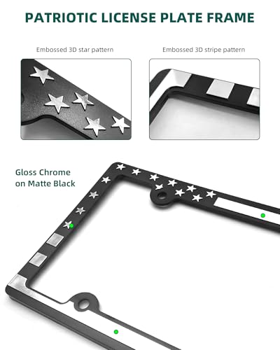 Image of License Plate Frames American Flag, 2 Pack Black Patriotic Plate Frames | Plastic Patriotic USA Flag Car Tag Cover, 4 Holes, Rust Resistant Screws Bolts, Black Caps Included