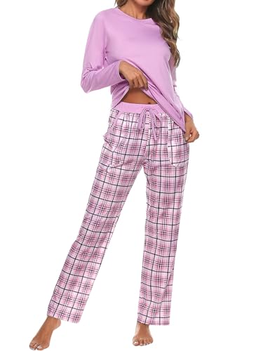 Uniexcosm Pijama Mujer Largo de Cuadros, Conjunto de Algodón 2 Piezas Con Cuello Redondo y Bolsillo, Suave Para Hogar - Rosado M
