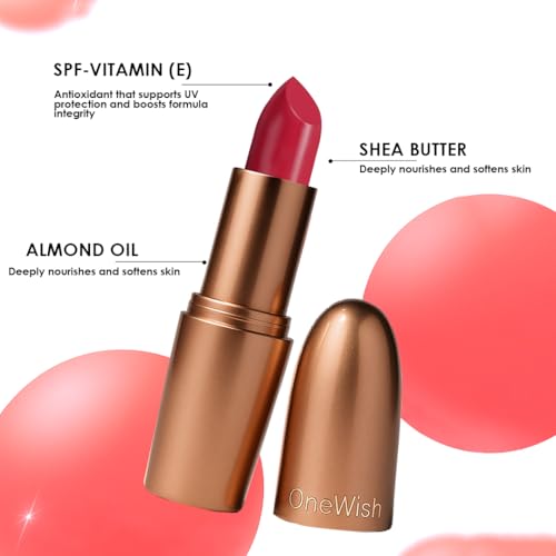 Image of One Wish Creamy Matte Lipstick - Cherry on Top Shade 08 | Long Lasting | Full Coverage | Smooth Finish | High Pigment | No Dryness or Flaky Lips | SPF | Enriched with Vitamin E, Almond Oil & Shea Butter | 3.8 gm