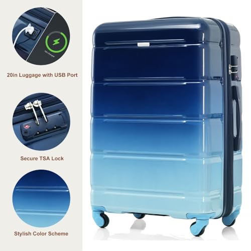 Luggage Set of 3, 20-inch with USB Port, Airline Certified Carry-on Luggage, ABS+PC Hard Shell Luggage with Spinner Wheels (Gradient Blue)2