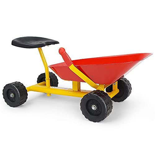 Image of Costzon Kids Ride-on Sand Dumper, Children Outdoor Sandbox Toy w/Ergonomic Handle & 4 Wheels, Heavy Duty Steel Digging Metal Garden Play Tool for Boys Girls, Kids Wheelbarrow (Red)