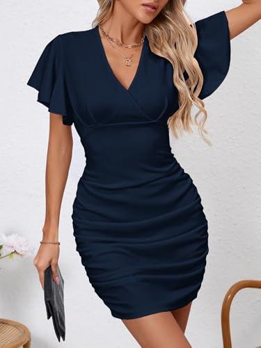 Image of Women's Sexy V Neck Ruffle Sleeve Bodycon Mini Cocktail Party Dress Casual Short Sleeve Work Dress