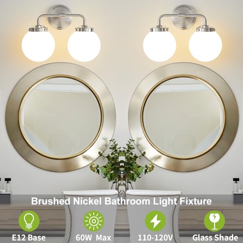 Image of Bathroom Light Fixtures 14in 2-Light Brushed Nickel Vanity Light for Mirror | Bathroom Lighting Fixtures over Mirror, ETL, Brushed Brass Wall Sconce, Dimmable E12 Base Max 60W, Milky Glass Ball Shades