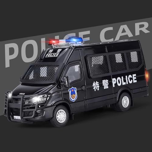 Image of Vaico 1:24 Police Van Car Diecast Model | Metal Pull Back Toy Car for Kids with Openable Doors, Lights & Music | Police Vehicle Toy for Boys Girls Collectors (Black)