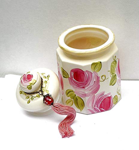 Elegant Ivory Decorative Lidded Glass Jar with Hand-Painted Pink Roses – Shabby Chic Bathroom and Bedroom Accent - Image 2