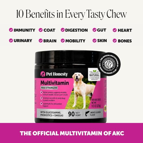 Image of Pet Honesty Vet Recommended Max Strength Dog Multivitamin, 90 Ct, Salmon | 15-in-1 Dog vitamins with glucosamine, probiotics & omega-3, salmon, supports hip & joint stiffness, digestion & heart health
