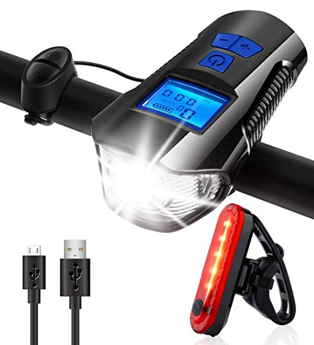 Lazeny 3 en1 Lampe Vélo,Éclairage Vélo avec Compteur,Rechargeable Lumière Lampe Vélo Avant avec Avertisseur et Feu Arrière, Phare de Vélo avec Affichage LCD, Kilométrique et Indicateur Vitesse (Bleu) Cover