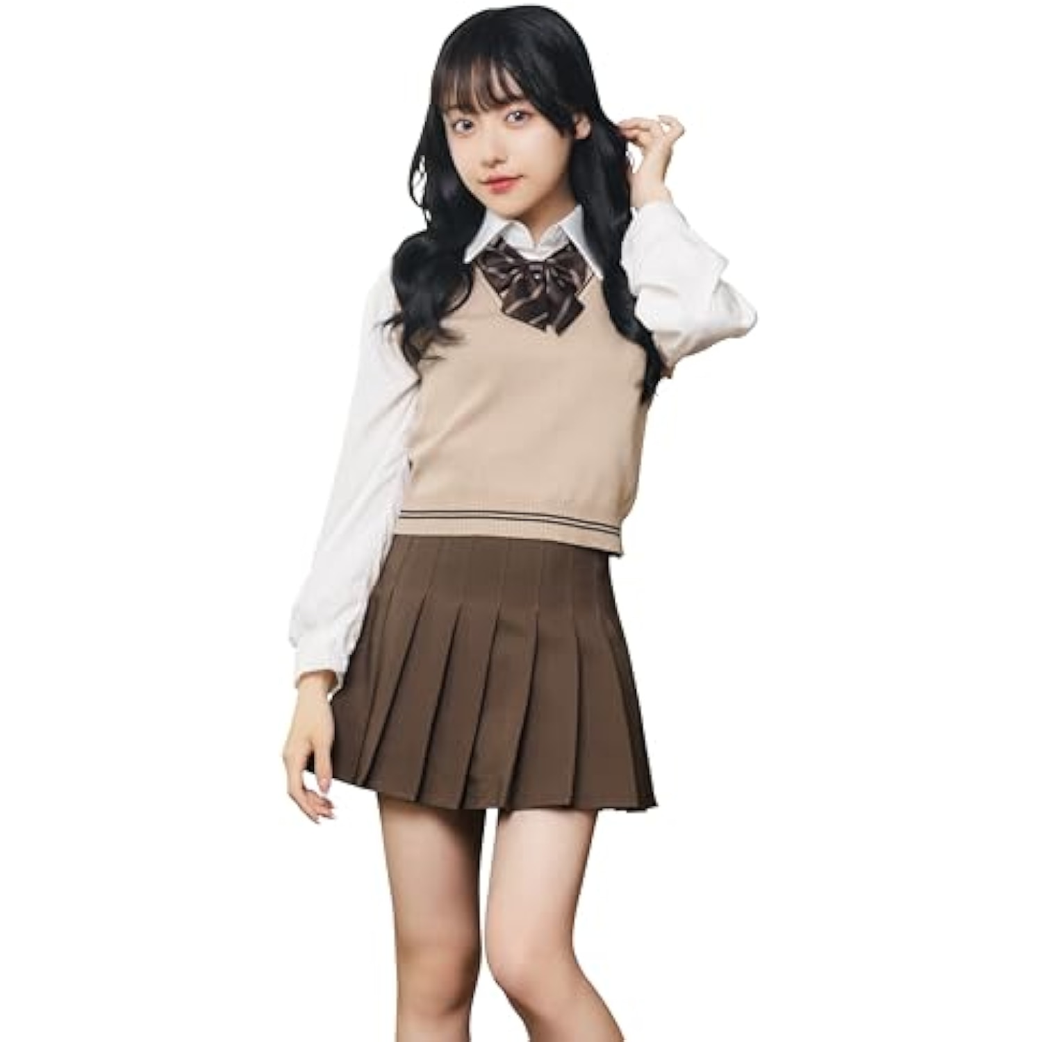 クリアストーン(Clearstone) オルチャンセーラー コスプレ ハロウィン ニットベスト ベージュ×チョコ レディース 詳細画像1