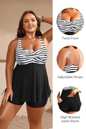 Aqua Eve Women Plus Size Tankini Swimsuit Two Piece Flowy Swimdress Bathing Suits with Shorts Black and White Stripes 30W - Thumbnail 5