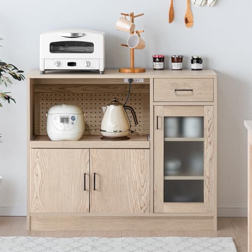 タンスのゲン キッチンカウンター 幅100p 食器棚 大型レンジ対応 引出し コンセント付き レンジ台 キッチンボード 木製33020030(114897)