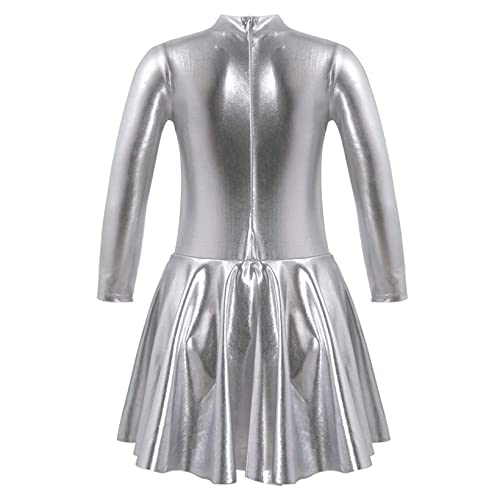 Janjean Kids Girls Metallic Figure Ice Skating Dress Dancewear Long Sleeve Zipper Back Leotard Dance Dress Performance Wear Silver 14 Years #TOP1