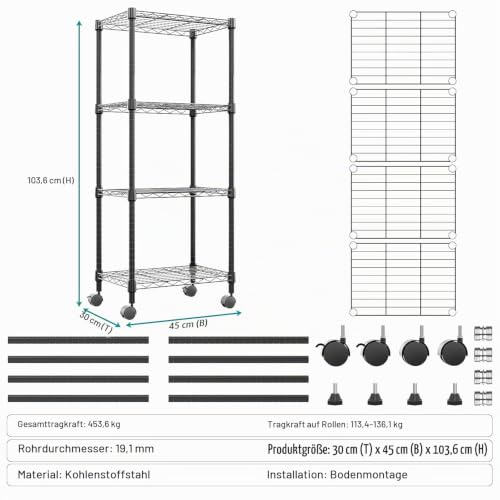 M MZG 4-stufiges Metallregal, Schwerlastregal bis 454 kg, kompaktes Aufbewahrungsregal für Küche, Vorratsraum, Büro… – Ansicht 6