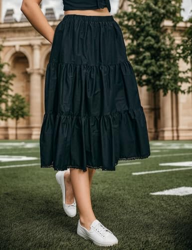 BEAUTELICATE Women Maxi Skirt with Two Pockets 100% Cotton Long Skirts 3 Tiers Ivory with Lining Black Without Lining4