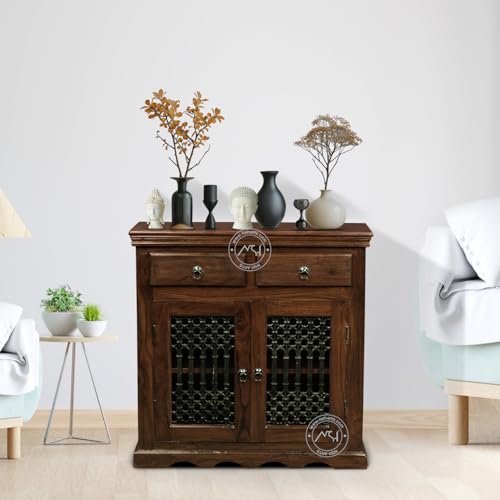 Image of NSH Solid Sheesham Wood Sideboard Storage Cabinet Unit with 2 Door and 2 Drawer Wooden Standard Multipurpose Furniture for Home Living Room Hall Office - (Teak Finish)