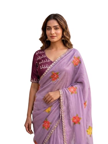 Image of Handcrafted Floral Embroidered Saree with Contrast Blouse