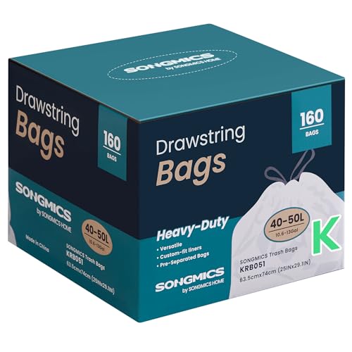 SONGMICS Trash Bags for 13-Gallon (50 L) Trash Cans, Drawstring Kitchen Garbage Bags, Pre-Separated, Quick-Dispense Box, Liner Code K, 4 Rolls, 160 Count, White UKRB051A04 40 Count (Pack of