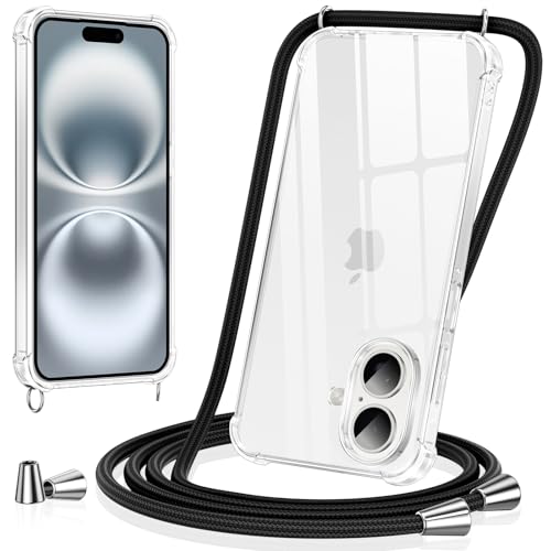 Vauki Funda con Cuerda para iPhone 17, Carcasa Transparente PC+TPU Suave Silicona Correa Colgante Ajustable Collar, Protección Case con Cordón para iPhone 17, Negro