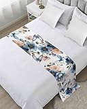 Vintage Blue Floral Bed Runner Scarf King Size, Farmhouse Watercolor Flower Butterflies Luxury Bed Throw Runners & Scarves for Twin Full Queen King Foot of Beds, Bedroom Hotel Decoration, 94'x20'