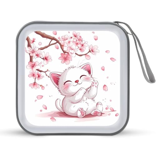 Cute Cat With Cherry Flowers CD Case Plastic DVD Case Holder Wallet Disc Storage Organizer for Car Travel