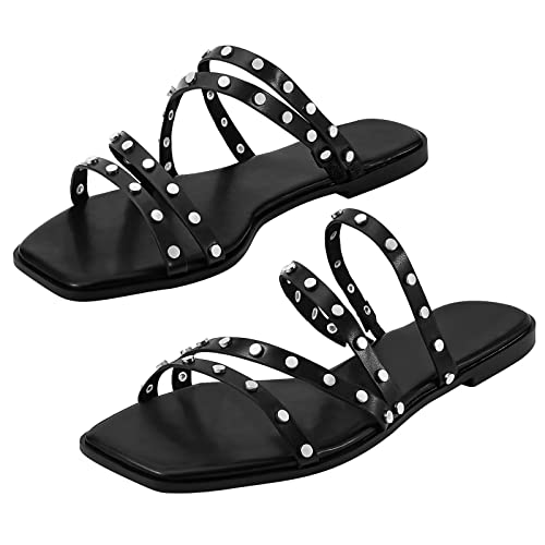 Sandals for women - Cute Square Open Toe Dressy Slide Sandal - Comfortable Stylish Flat Sandal Shoes With Striking straps and Soft Memory Foam Insole - Womens Casual Flats Slides Black Size 9 Studs