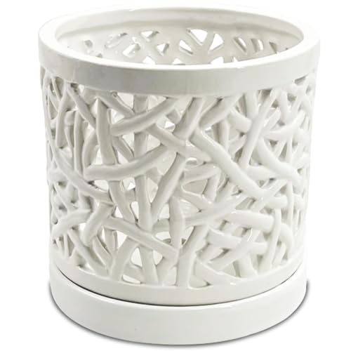 DESQUIGGLE Large Ceramic Orchid Pot with Holes, 6 Inches Wide, for Indoors or Outdoors with Woven String Cut Out Design, Orchid Planters, Orchid Gifts (String Cut Out Design)