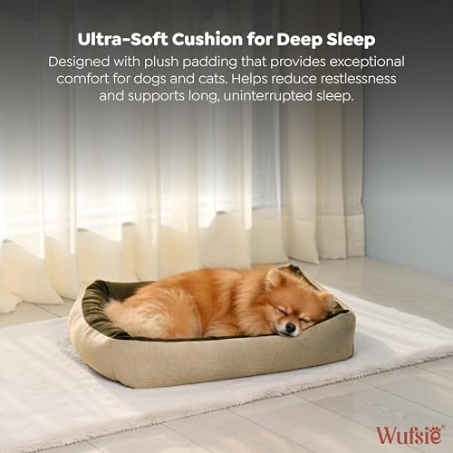 Image of Reversible Rectangle Dog Bed | Small 50 X 65 Cm Pet Bed for Puppies and Cats | Premium Velvet, Washable Fabric | Soft Sofa-Style Bed for Dog with Thick 15 Cm Insert | Brown & Cream