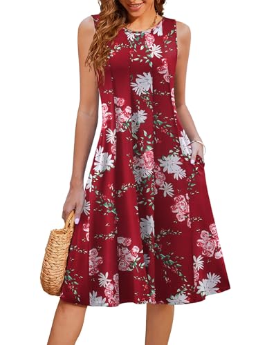 Image of HOTOUCH Summer Casual Dresses for Women Sleeveless Midi Dress Swing Tank Sundress Pleated Tshirt Dress with Pockets